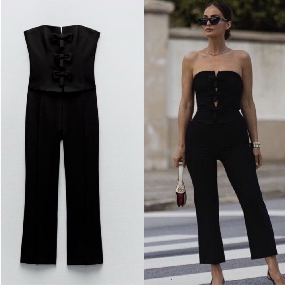 Zara‎ Strapless Bow Jumpsuit Cropped Black Small